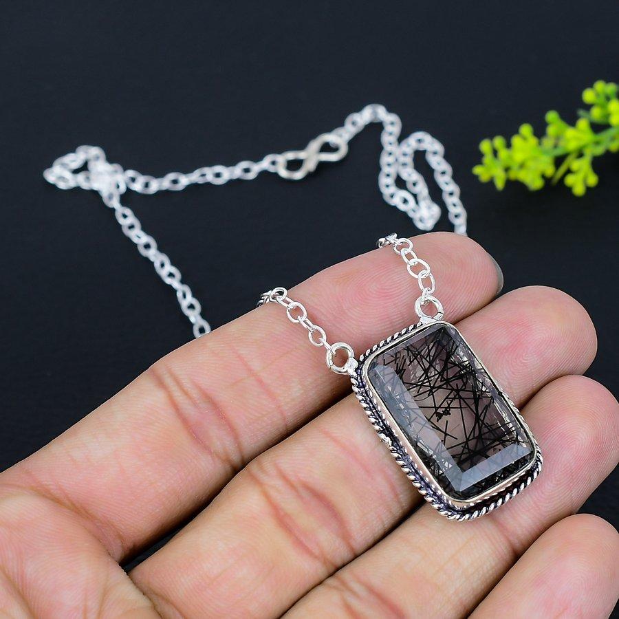 Black Rutile Gemstone Handmade Ethnic 925 Silver Gift Jewelry Necklace 18" L2O14