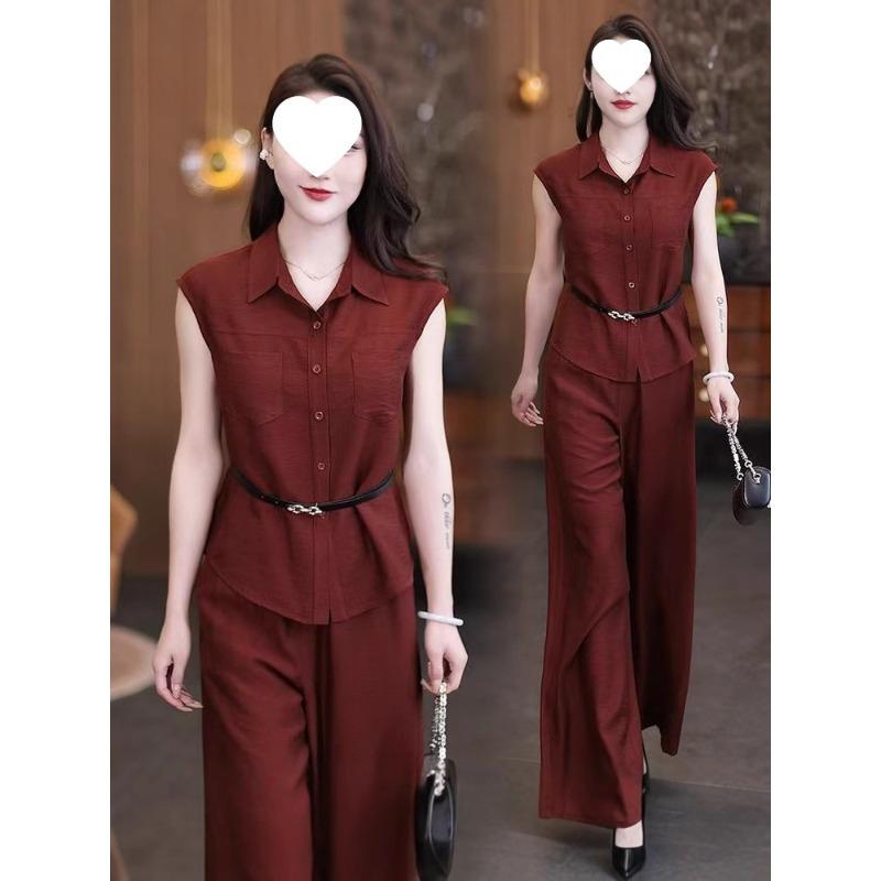 Fashionable Suit for Women in Summer, Stylish, Slimming, Flesh-covering Shirt, Wide-leg Pants, Elegant Two-piece Set