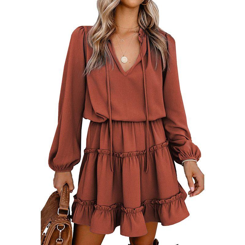 

2024 Autumn Solid Color Thin Jumpsuit Skirt Fashion Slim Looking Temperament Commute Pullover Loose Knee-Length Dress Women Brown Size XL fit (72.50 kg-80.00 kg
