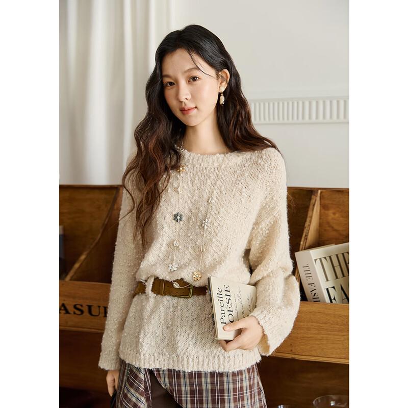 Cream Apricot Belted Wool Knit Sweater F