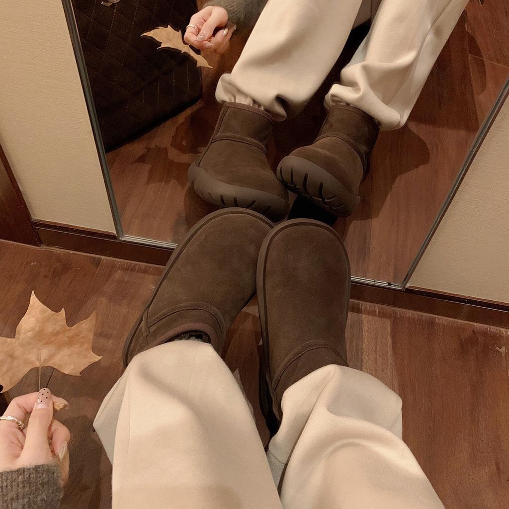 Cowhide Version~ Thick-soled Short Snow Boots Warm and Velvet Real Fur Integrated Snow Boots Cotton Shoes Winter Deep Short Boots