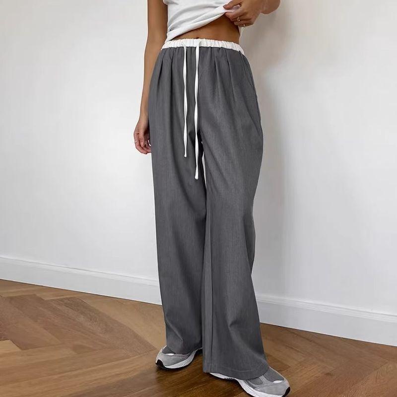 Western Style New Contrast Color Trousers Drawstring High Waist Straight Casual Pants Drawstring Casual Pants