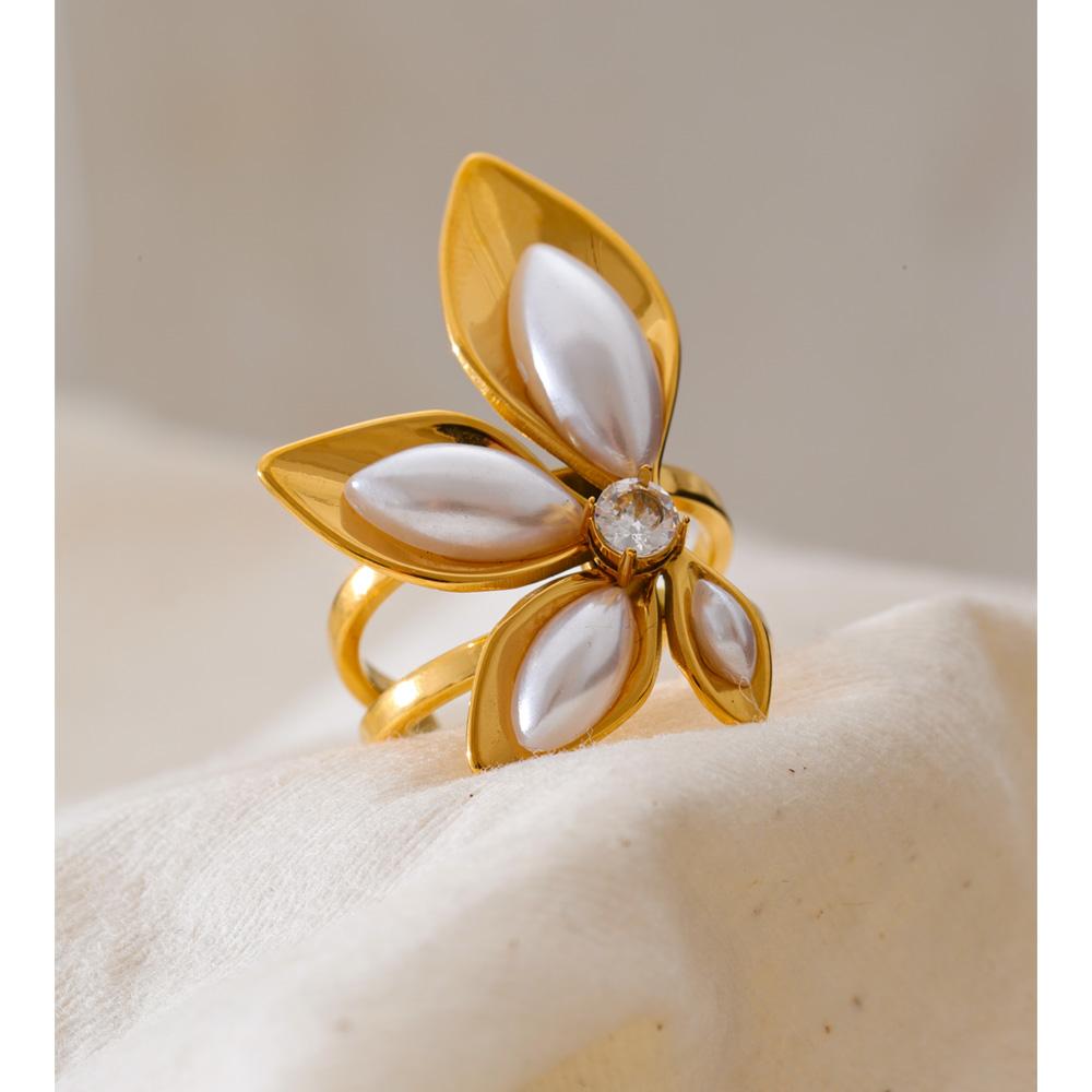 Eetit Stainless Steel Simulated Pearls Open Flower Ring Trendy 18K Golden PVD Plated Young Modern Finger Jewelry Accessories
