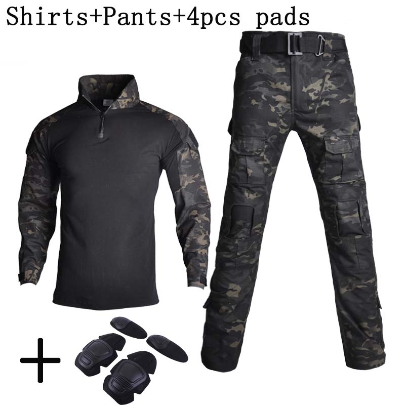 Černé Camo Tréninkové Sety s 1/4 Zipem Bojové Topy Taktické Obleky Turistické Kalhoty Pánské Odolné Košile Více Kapsami Odolné proti Opotřebení