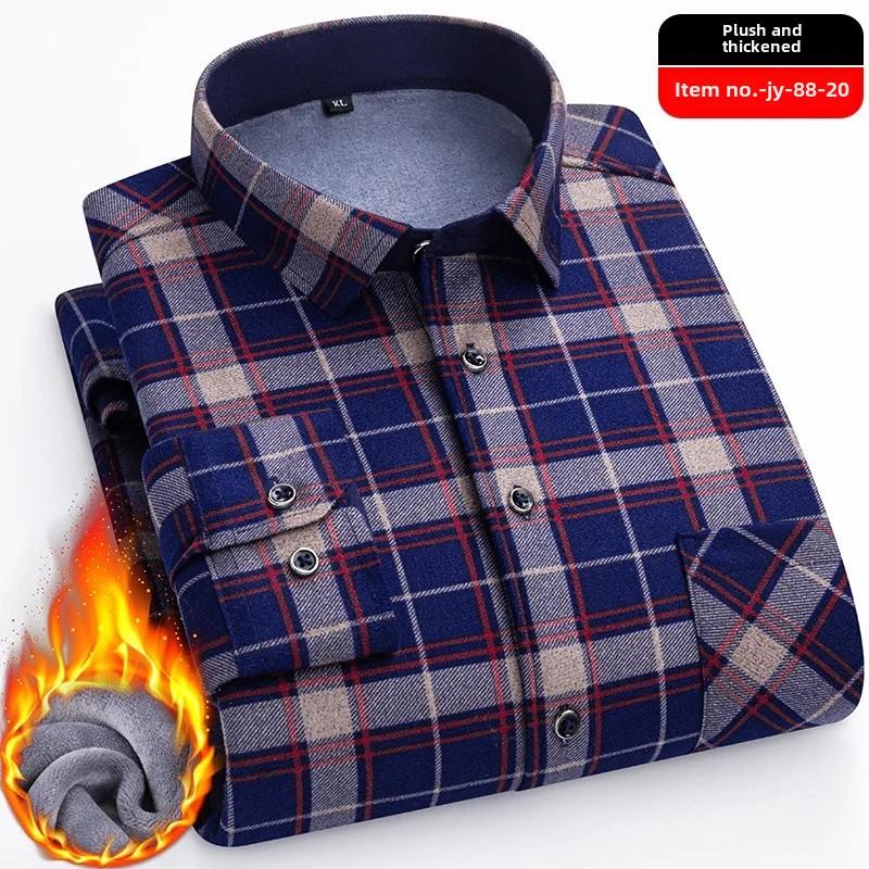 Thickened Flannel Men's Shirt Warm Plaid Winter Casual Square Collar Plus Size Clothing Fleece Lined Double Sided Velvet