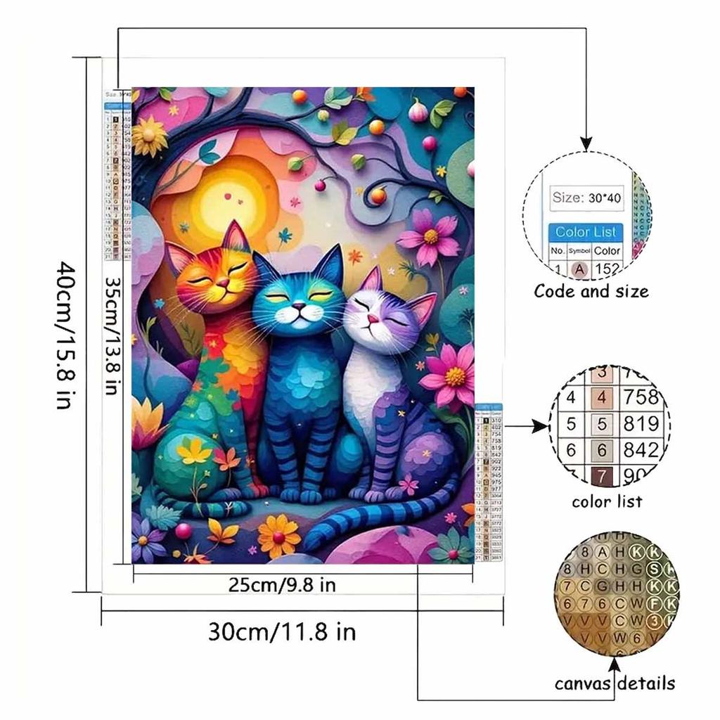 Diamond Painting Set DIY 5D Full Diamond Colorful Cats with Flowers Arts Crafts for Home Wall Decoration