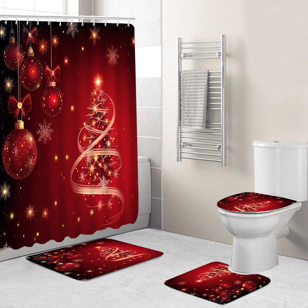 Christmas Toilet Cover Shower Curtain Floor Mat Set Santa Carpet Door Mat Foot Mat Non-Slip Mat