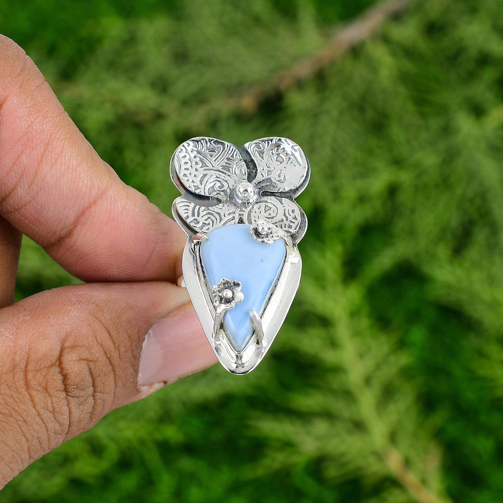 Sterling Silver Trillion Owyhee Blue Opal Gemstone Flower Statement Promise Ring