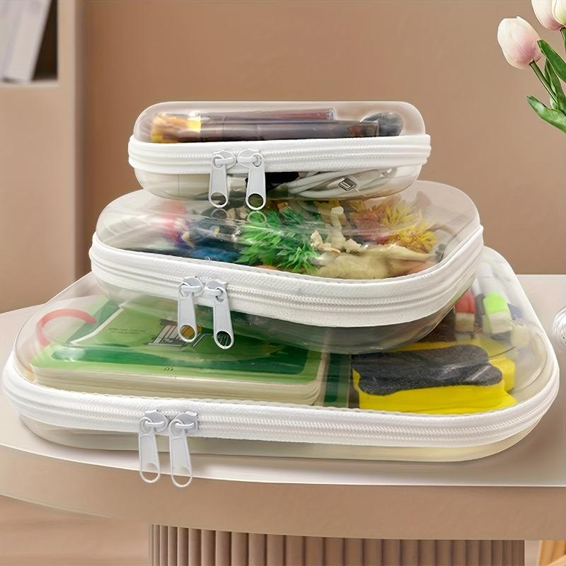 3pcs Transparent Zippered Storage Organizer Set Hard Plastic Bags Travel-Friendly Organizer for Cosmetics Crafts Office Supplies