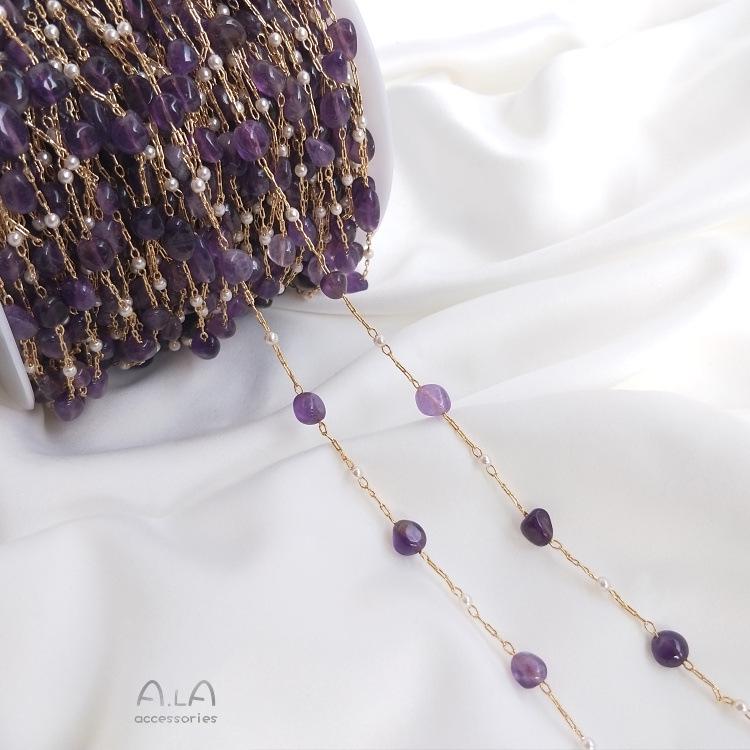 14K Gold-filled Color-preserving Handmade Korean Chain with Strawberry Quartz, Labradorite, and Amethyst Rectangular Beads for DIY Bracelets