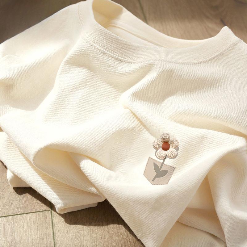 

Удобная и дышащая женская хлопковая футболка в ленивом стиле с коротким рукавом и цветком S