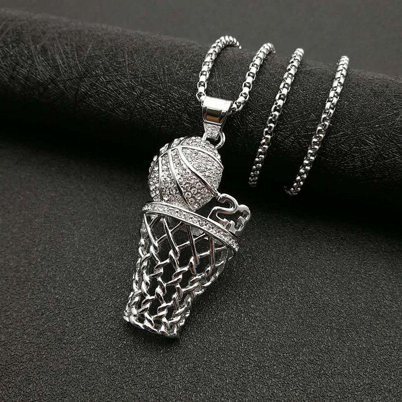 Gold Rhinestone Basketball Hoop Pendant Necklace, Hip Hop Style, Color-Preserving Titanium Steel