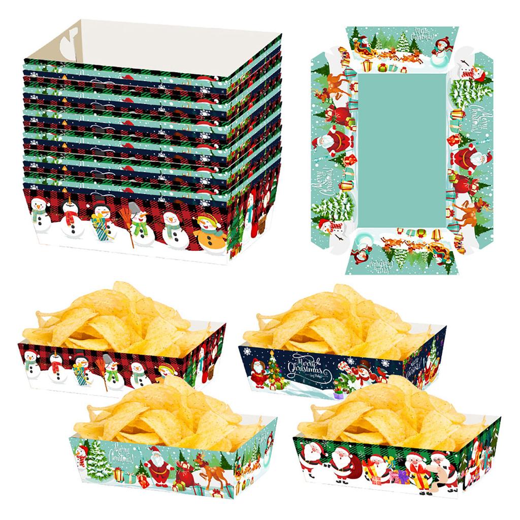 4Pcs Christmas Food Serving Paper Trays Xmas Decoration Desktop Popcorn Snacks Potato Chips Boxes Kids Birthday Party Supplies