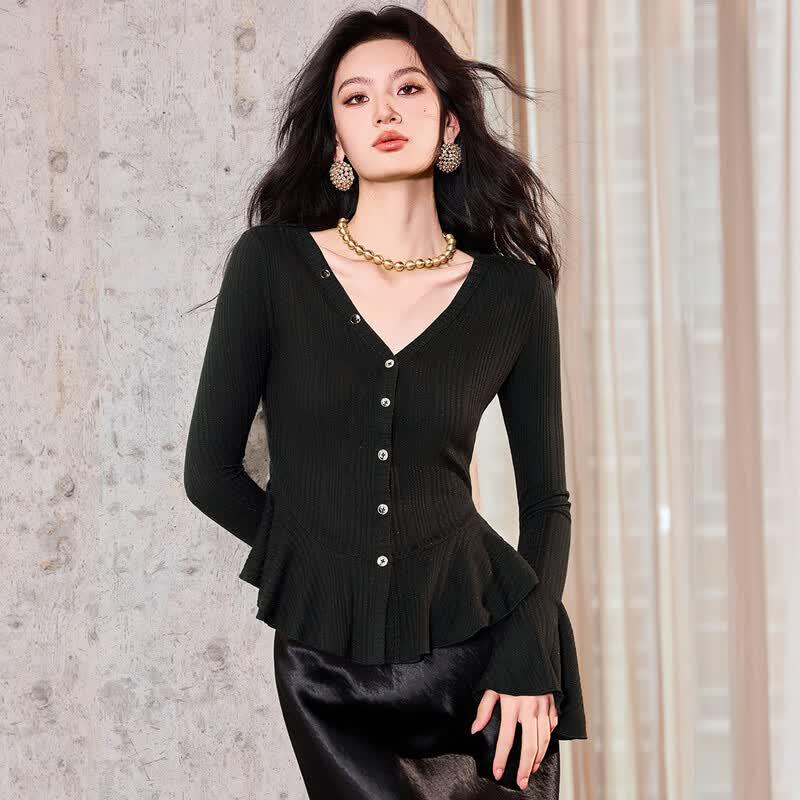 Bailuyu Elegant V-Neck Ruffle Flared Sleeve Cardigan