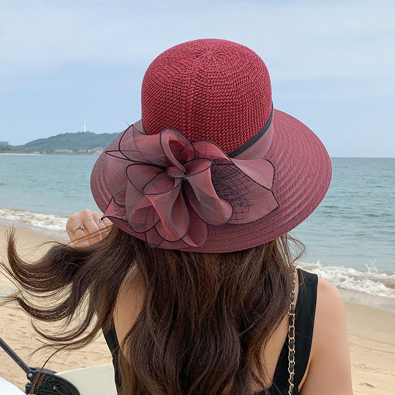 Summer ladies organza flower knitted head big edge beach hat outdoor shading sun protection travel fisherman hat tide