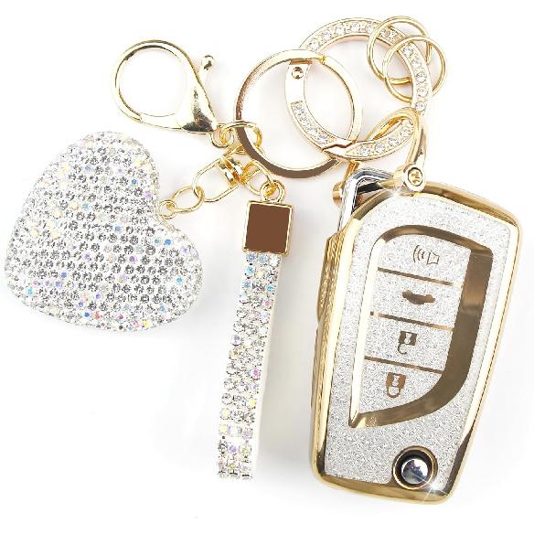 Key Fob Cover with Diamond Keychain, Car Key Holder Compatible with Toyota Avalon Camry Corolla Fortuner Highlander Levin Rav4 Sequoia Sienna Tacoma