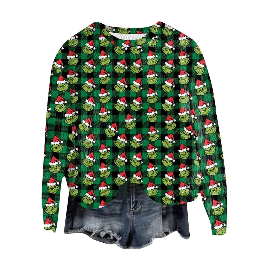 Women's Fashion Round Neck Pullover Top Long Sleeve Tee Christmas Printed Sweatshirt