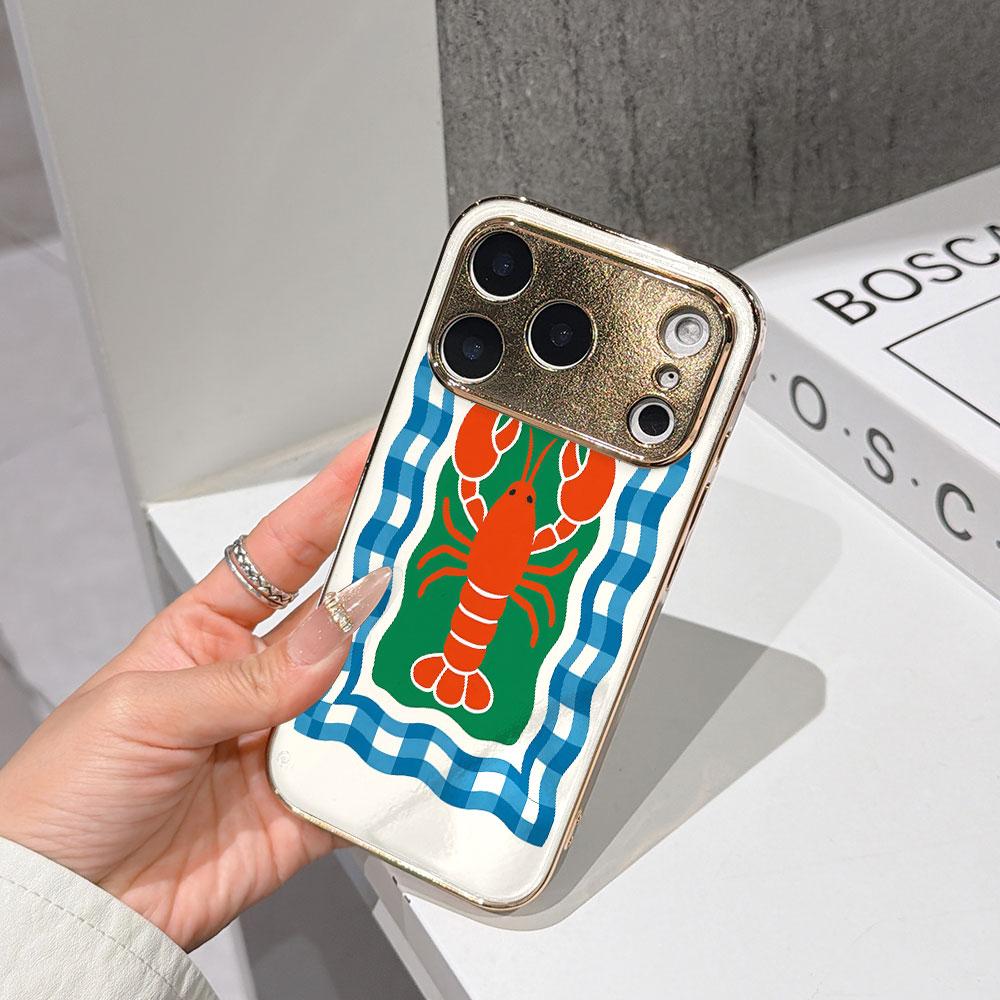 

Lucky Start Phone Case For iPhone 17 16 15 14 13 12 Pro Max 16E Gold Electroplated glass shell Checker Lobster Nautical Art Cover IPHONE13