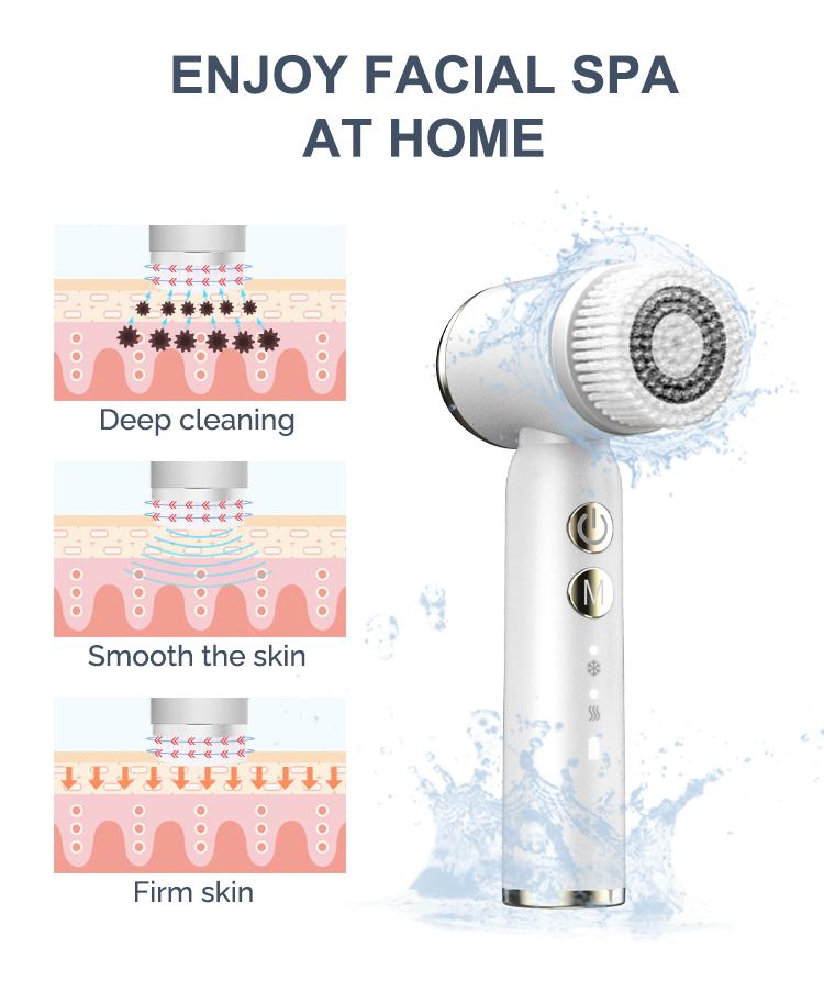 Warm Cold COMPRESS Electric 6 BRUSH HEAD Face Wash Cleaner DEEP Facial Cleansing Brush Waterproof Clean Exfoliating Spin Brush