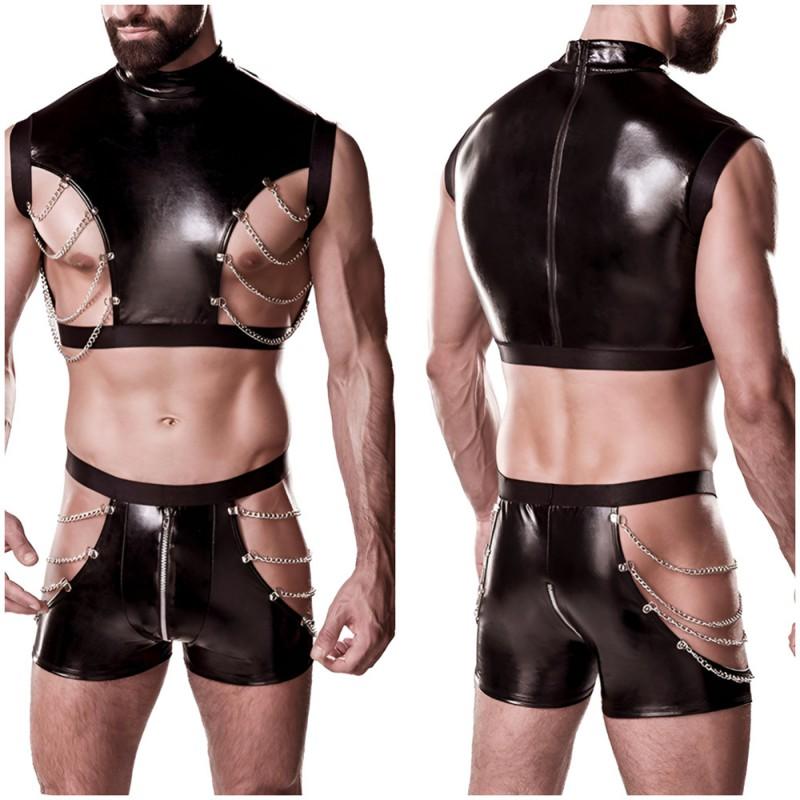 Mens Faux Leather Lingerie Set Chain Restraint Nightclub Performance Costume Role Play Game Uniform