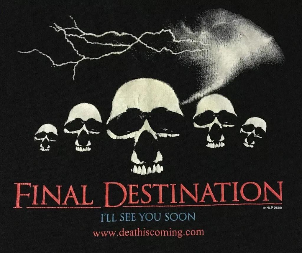Camiseta Promocional Vtg 2000 Final Destination 1 Desbotada Filme de Terror XL Caveiras Grunge Y2K Camiseta Masculina Feminina Verão Gola Redonda Algodão