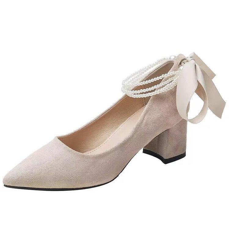 French niche with skirt straps pearl high heels thick heel autumn Shu temperament dress black mid-heel shoes