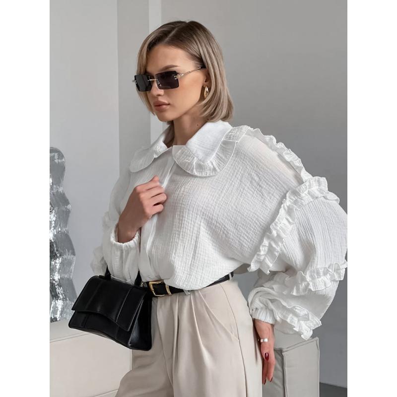 French-Style Lace Lantern Sleeve Loose Long-Sleeve Shirt For Women Spring Autumn Fashion New 100% Cotton Girls Top
