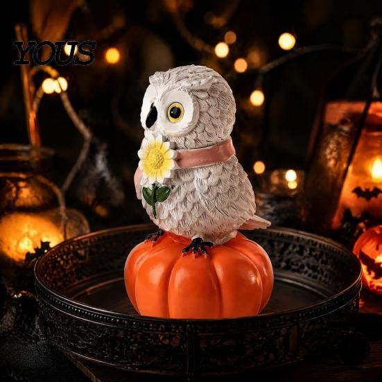 Halloween Owl Pumpkin Decor Fall Figurine, Resin On Statue with Indoor Seasonal Shelf Displays Sunflower for Autumn Thanksgiving Tabletop, Mantel,
