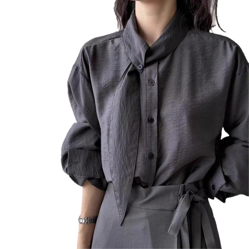 Korean-Style Scarf Collar Women's Long Sleeve Shirt - Spring/Autumn Loose-Fit French Top