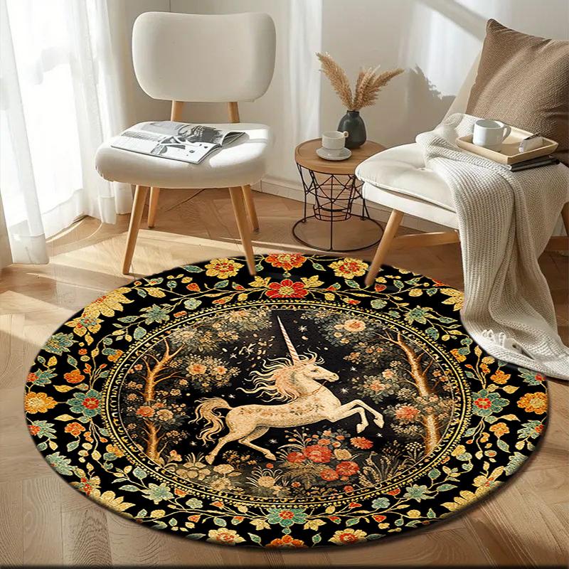 1pc Medieval Unicorn Hunting Round carpet Painted Printed circular carpet, home door mat, outdoor travel protection carpet