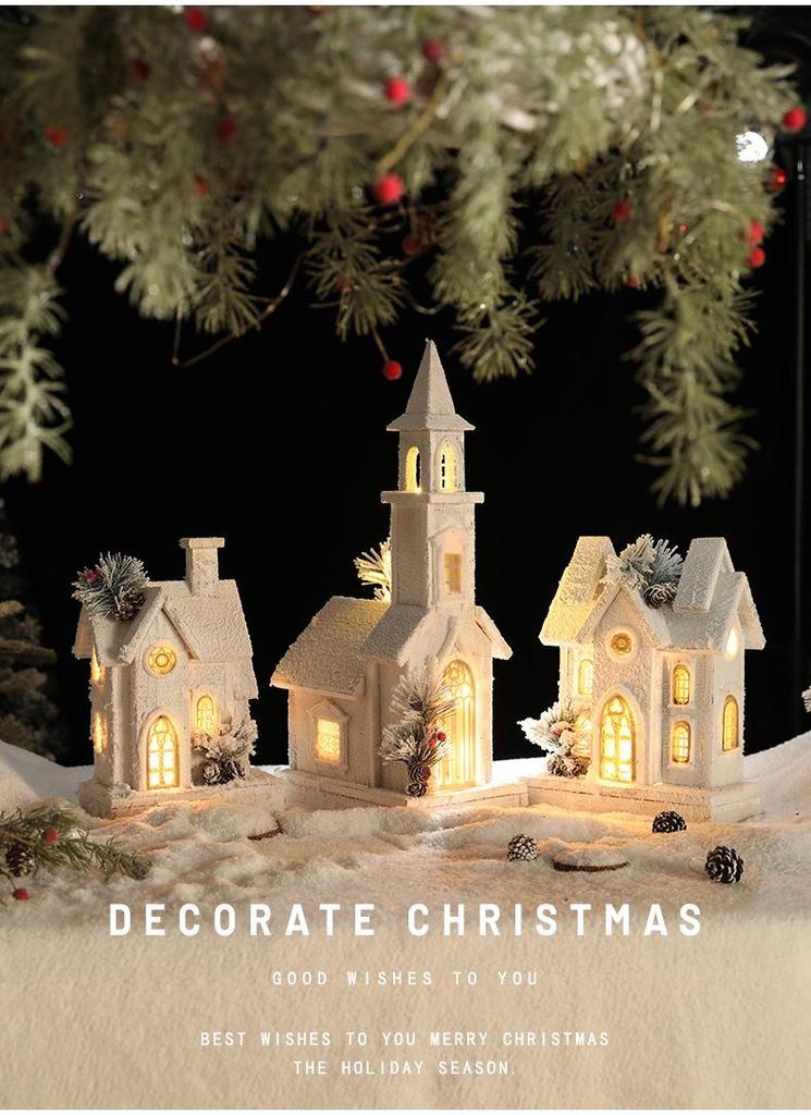 European Retro Solid Wood Luminous Christmas Snow Cabin Ornament