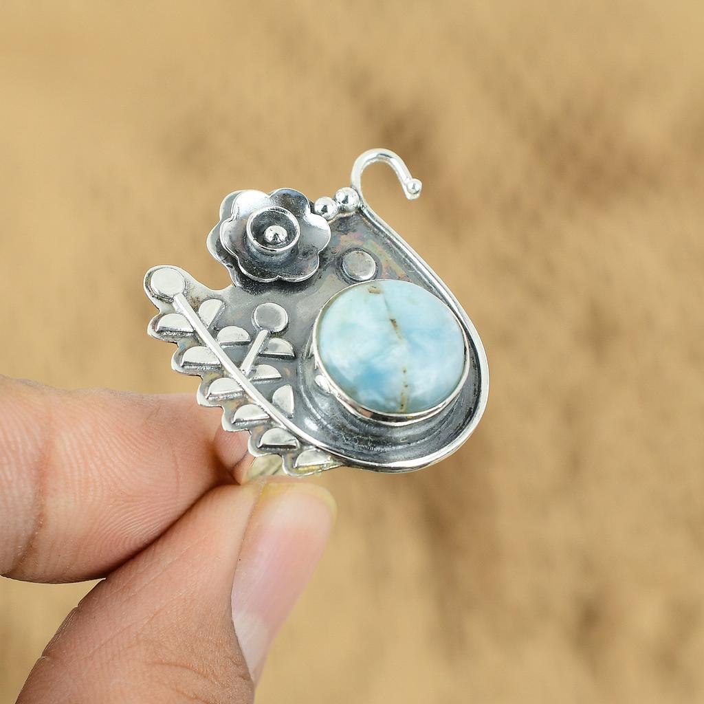 Natural Larimar Gemstone 925 Silver Promise Flower Adjustable Ring For Girls