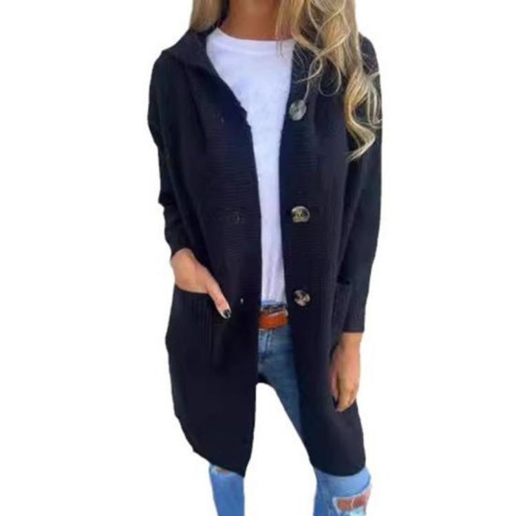 Women Knitted Cardigan Sweater Coat Long Sleeve Hooded Solid Color Mid Length with Pockets