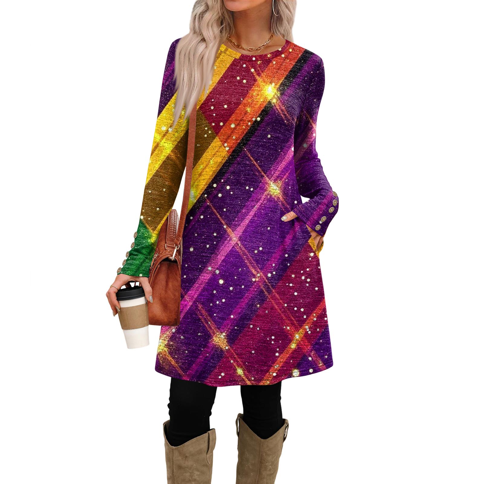 

Женское модное повседневное платье с карманами, декоративными пуговицами, карнавальными принтами, круглым вырезом и длинными рукавами XL фиолетовый