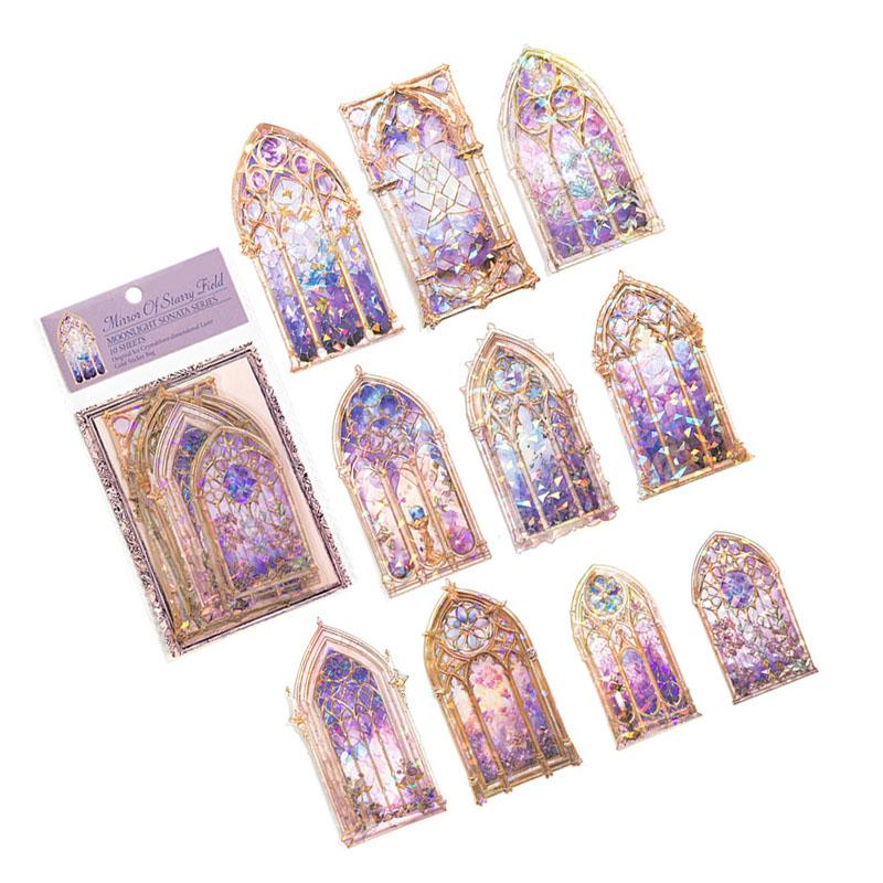 10PCS Holographic Scrapbook Sticker 3D PET Bright Color Window Design Easy Apply Aesthetic Sticker for Journal Notebook