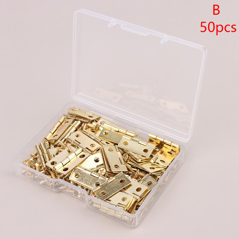 50Pcs/Box Hinges + 200 Screws Iron Gold Silver Black Bronze 4 Holes Durable Furniture Hardware Mini Hinge Decor