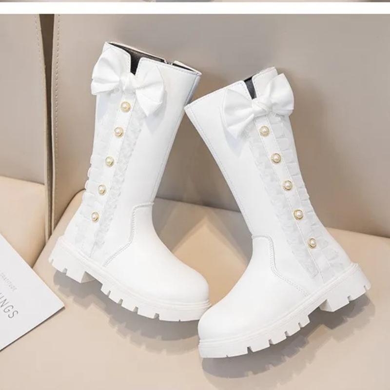 Autumn Winter Girls Boots Bow Lace Princess Shoes Outdoor Non-slip Child High Top Boots Windproof Waterproof Kids Casual Shoes