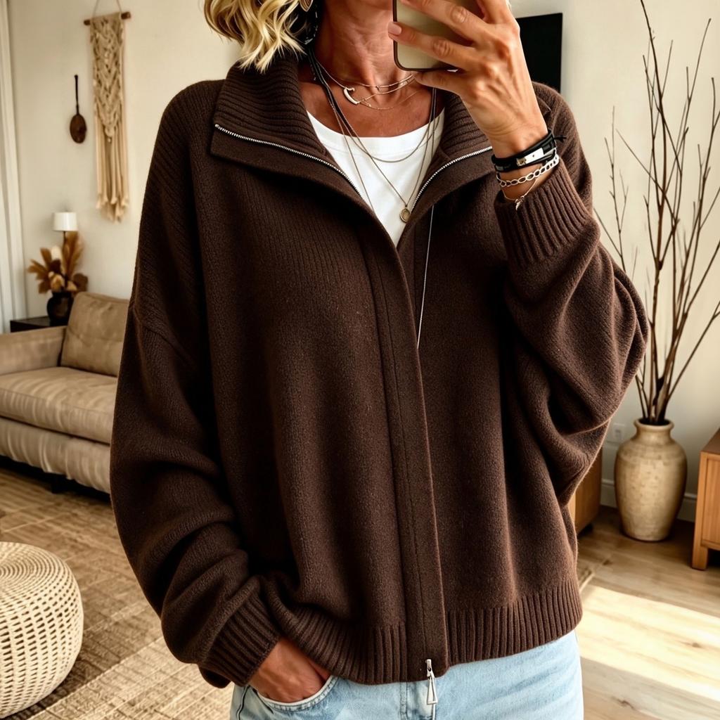 Women's Zip-Up Knit Cardigan with Lapel Collar Loose Fit Color Casual Sweater Jacket