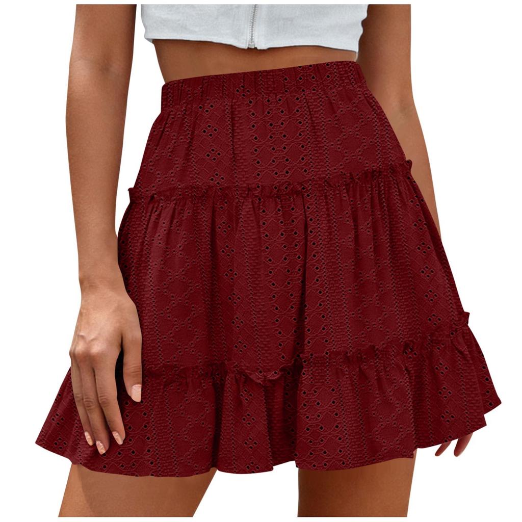 Women’s High Waist Tiered Mini Skirt with Elastic Waistband and Eyelet Embroidery Flared A-Line Design for Casual Wear
