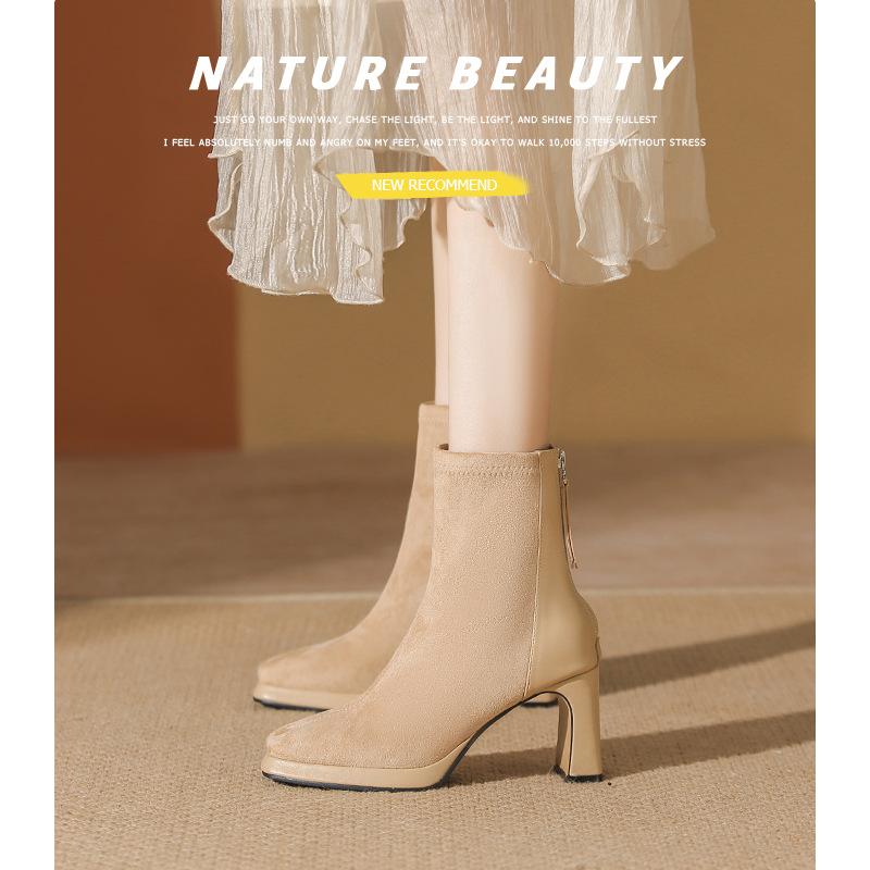 Waterproof table high heels autumn and winter new suede short boots thick heel thin boots black square head short boots women