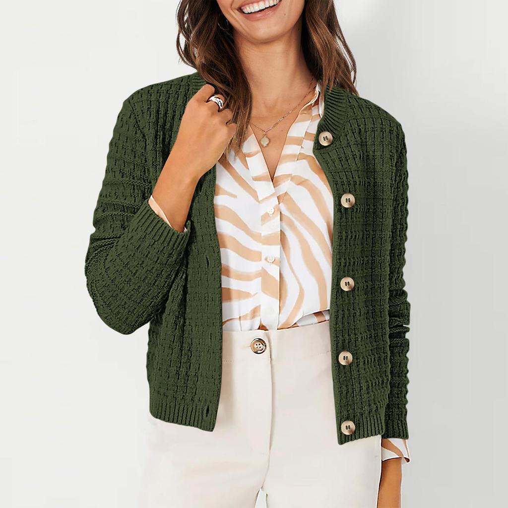 Women's Fashionable Solid Color Long Sleeved Button Knit Cardigan Casual Sweater Jacket