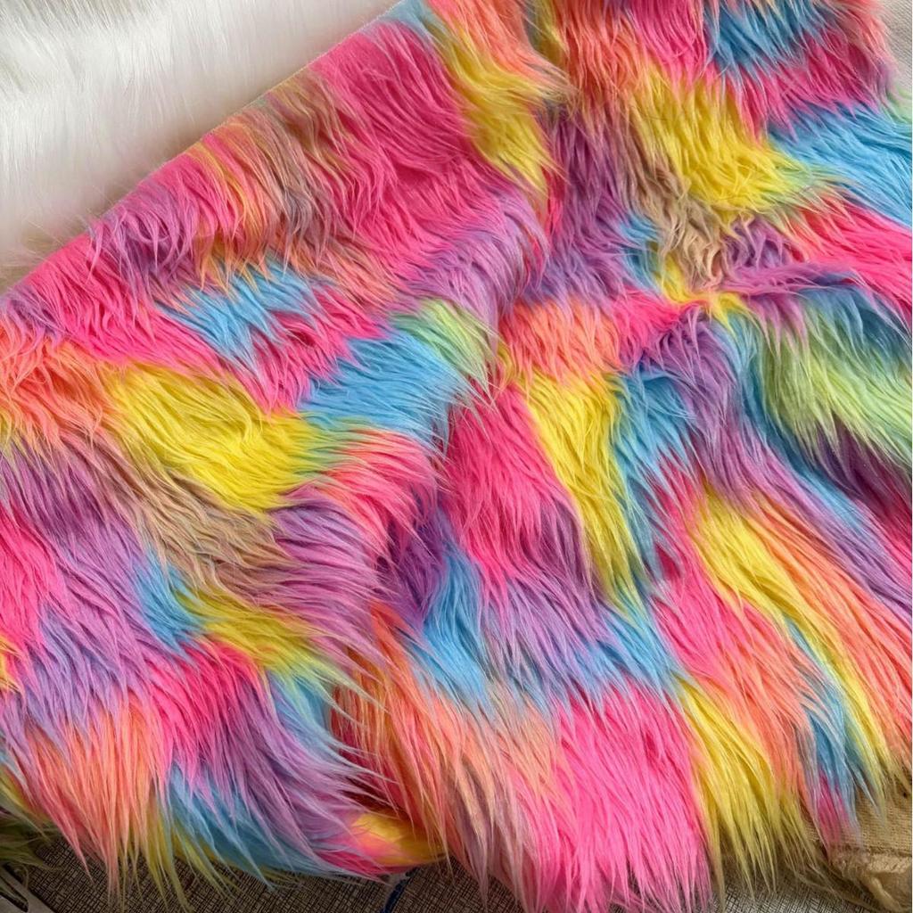 Gradient Five-Color Jacquard Faux Fur Tencel Fabric with Flocked Long Pile and Perforated Grid Design