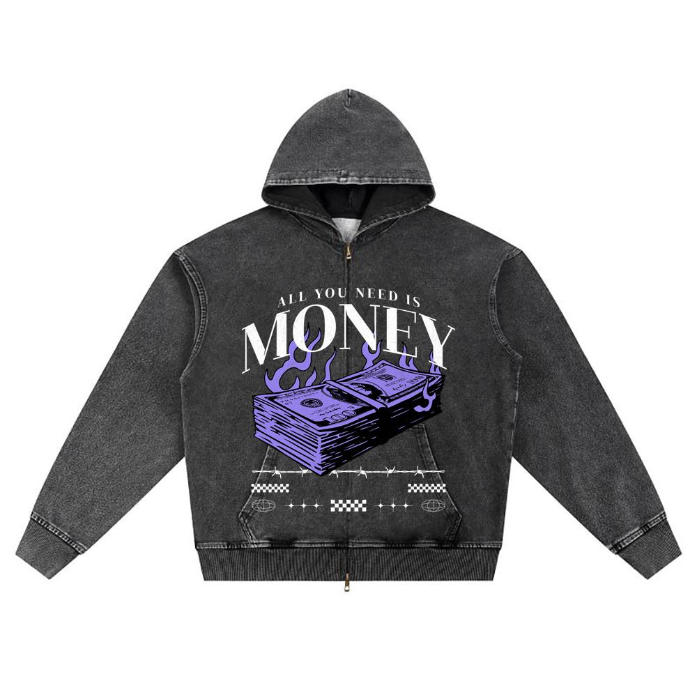 DTG Print Knitted Denim Zip-Up Hoodie Money Vintage Brother Print Zipper Hoodies  