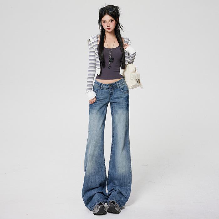 Women s Retro Micro-Flare Jeans - New Autumn Arrival, American-Style, Non-Stick, Loose, Draping, Wide-Leg Pants L