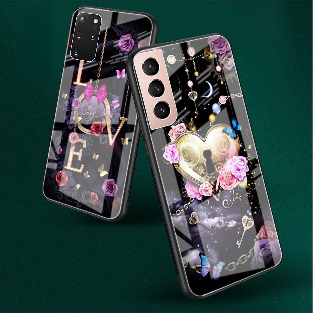 Husă din sticlă securizată pentru Samsung Galaxy S22 S21 Ultra S20 Fe S10 S9 S8 S22 S21 Plus Note 20 10 Funda pentru telefon Rose Fluture Floare