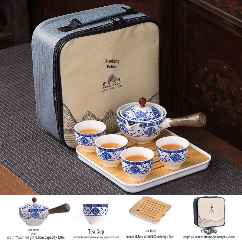 Compact Travel Tea Set with Automatic Rotating Teapot and Side Handle Kung Fu Cups