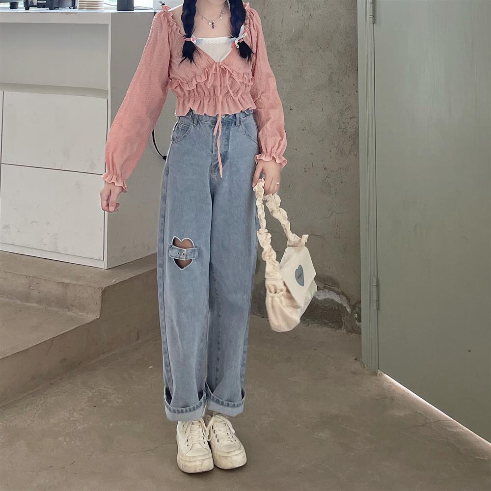 Jeans Kvinner Sommer Hjerte Hollow Out Empire Fashion Denim Mujer Hipster Student Nydelig Minimalistisk Retro Daglig Nye Bukser