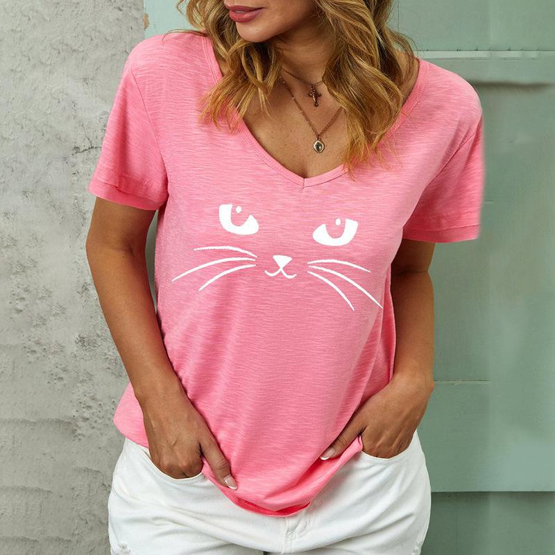 Women's Casual T-shirt Top New V-neck T-shirt Loose Short Sleeved 3D Digital Printed Cat Pattern T-shirt