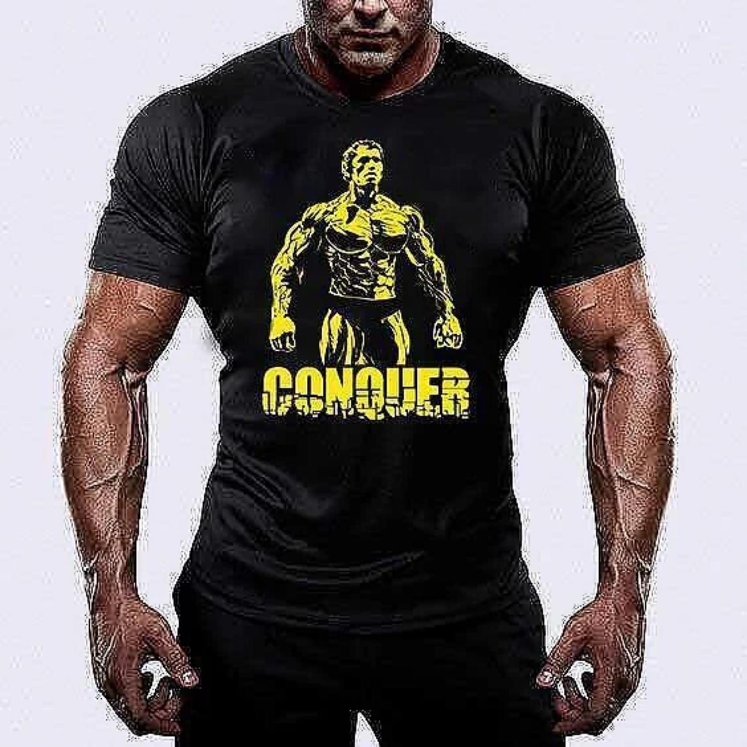 Muscle Man Conquer Cotton TShirt Gym Casual Style Black Men Fitness Bodybuilder S