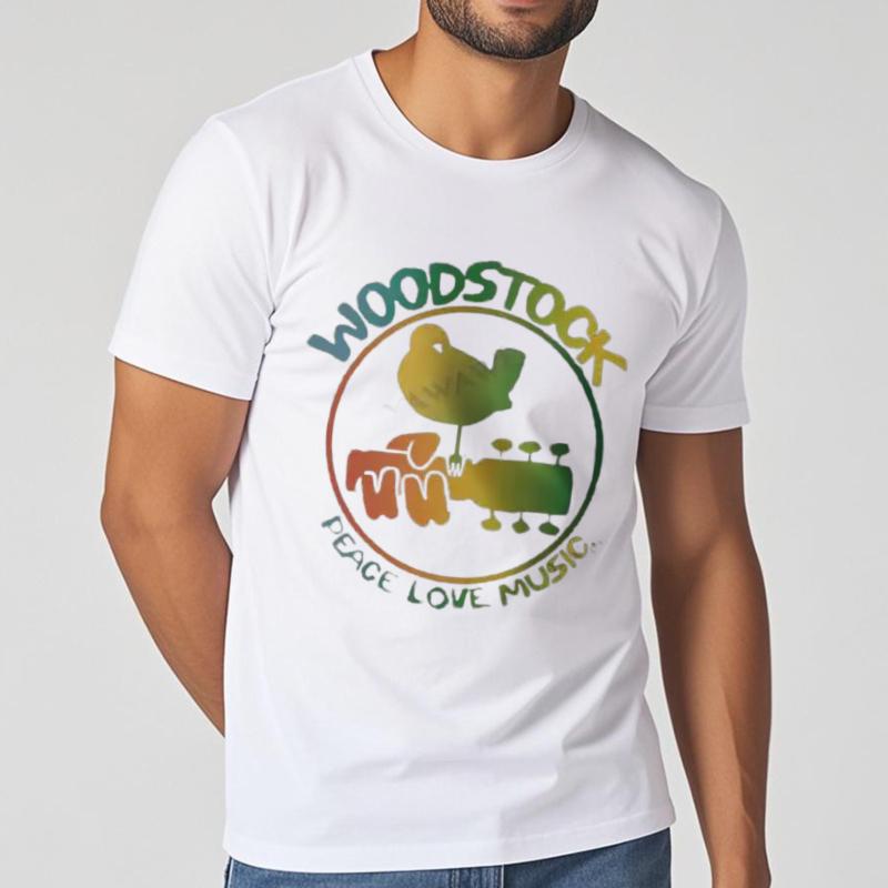 

Authentic Woodstock 3 Days Peace Music Colorful Logo Guitar Bird Tshirt Top Male Brand Teeshirt Men Summer Cotton TShirt S